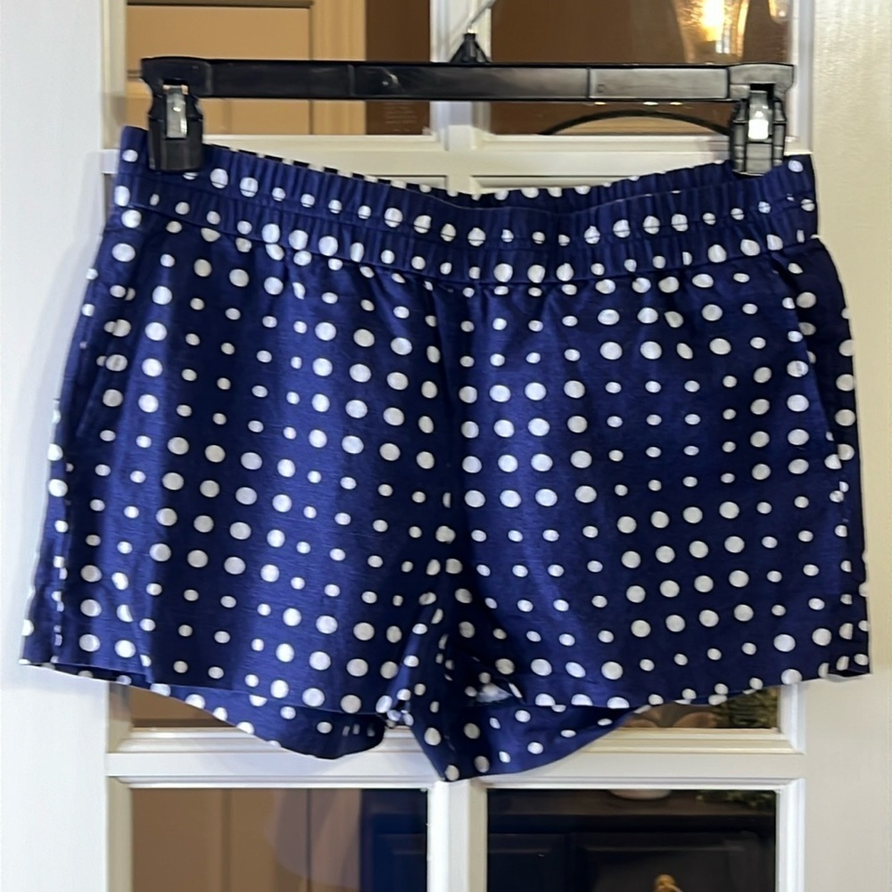 J CREW Linen Blend Pull On Stretch Waist Navy & White Polka Dot Shorts Size 4